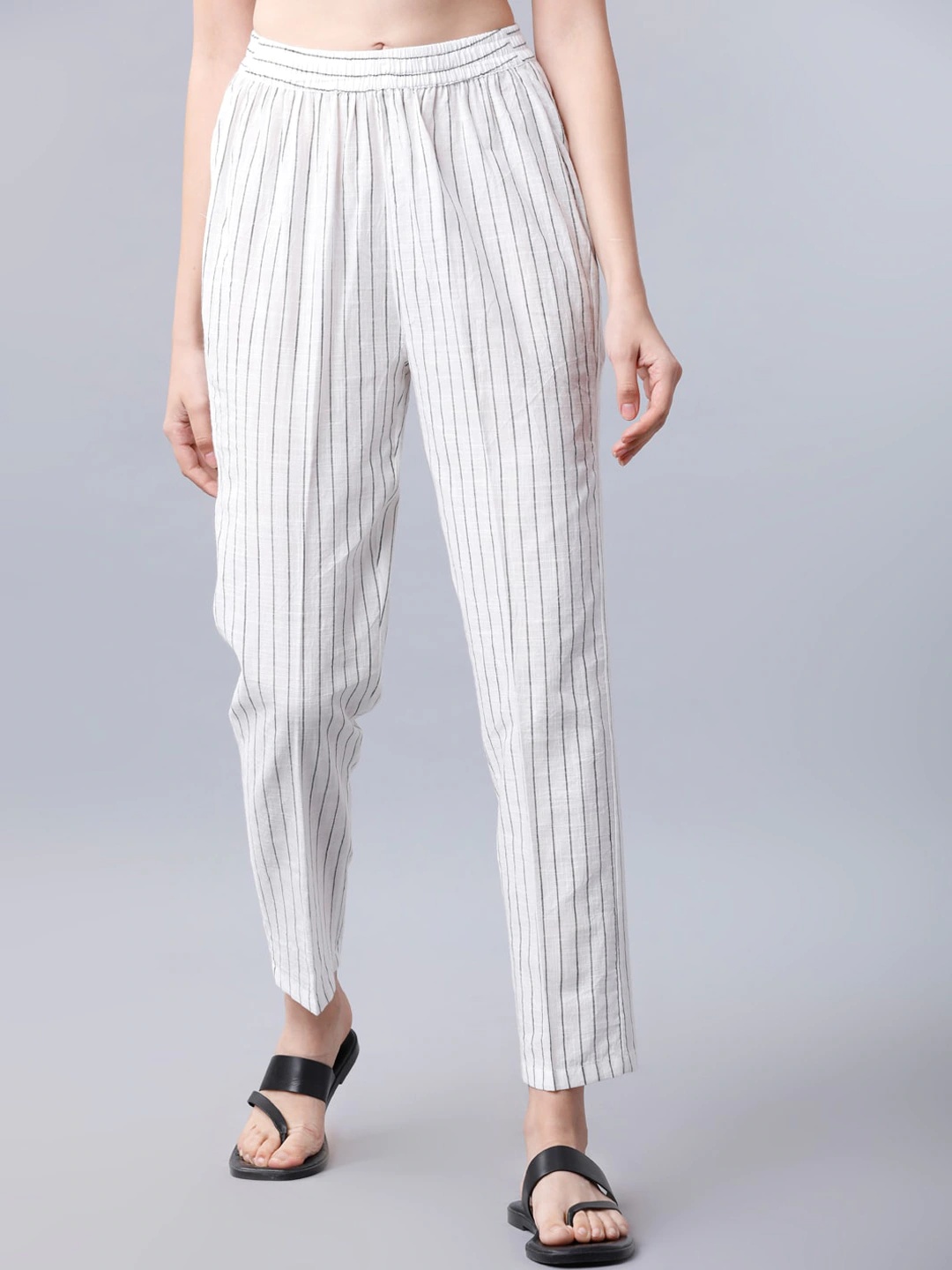White and Black Cotton Stripe Women Pant-40503
